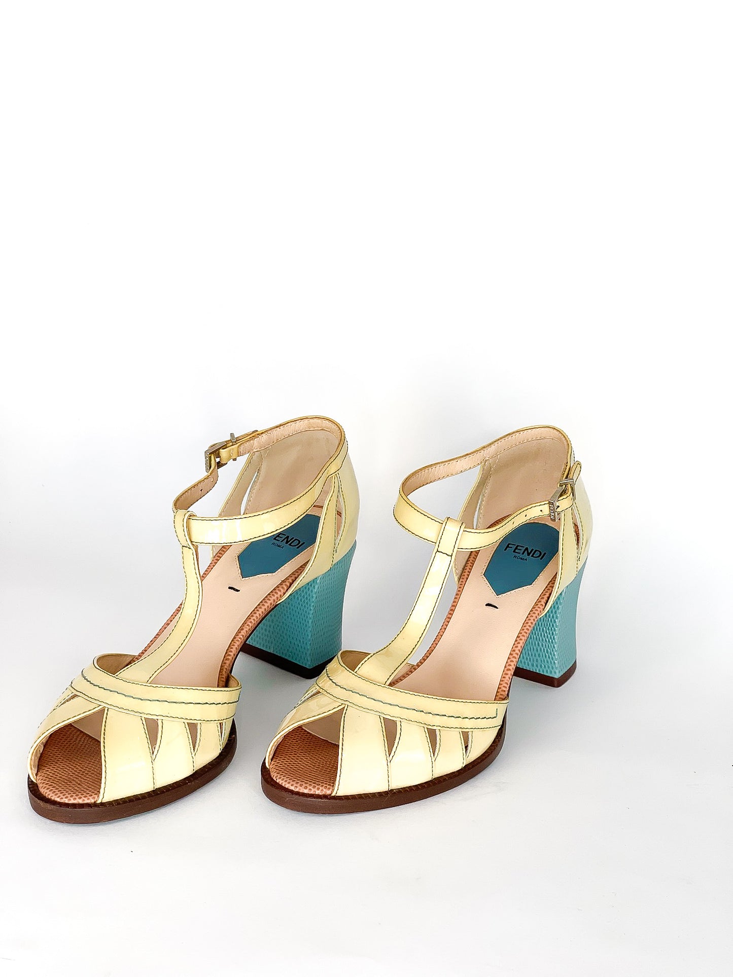 Fendi Cut-Out Patent Leather And Lizard Block Heel Peep Toe Sandals
Size 36