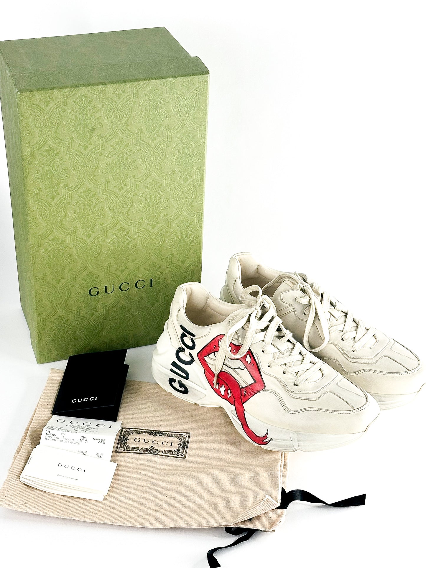 Gucci Cream Leather Rhyton Lace Up Sneakers Size 42