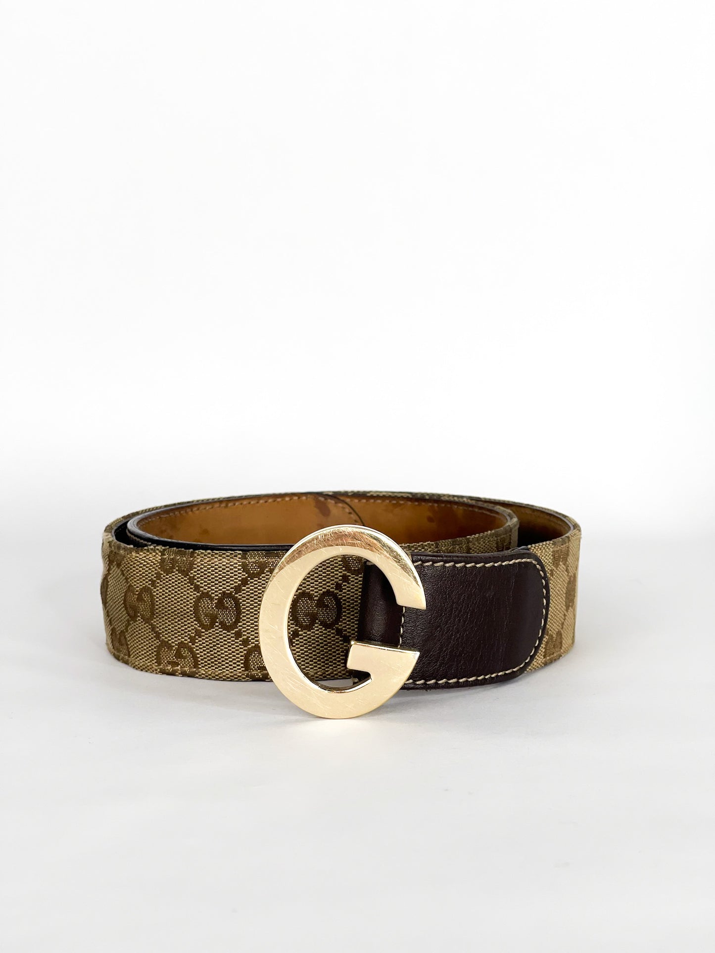 Gucci Beige/Brown GG Canvas and Leather G Buckle Belt