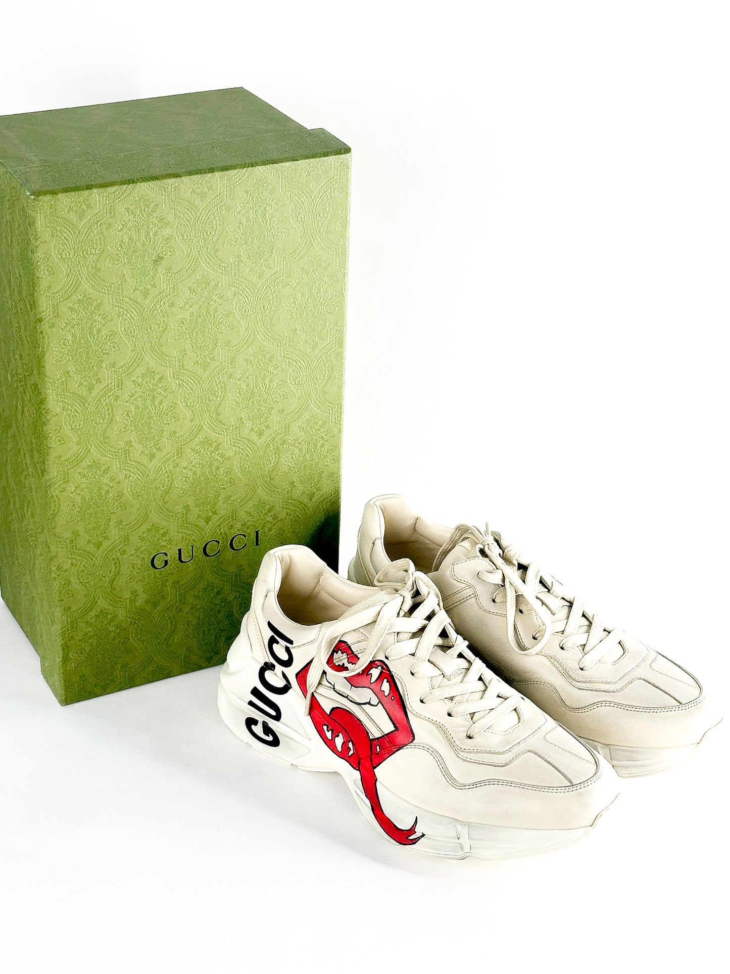 Gucci Cream Leather Rhyton Lace Up Sneakers Size 42