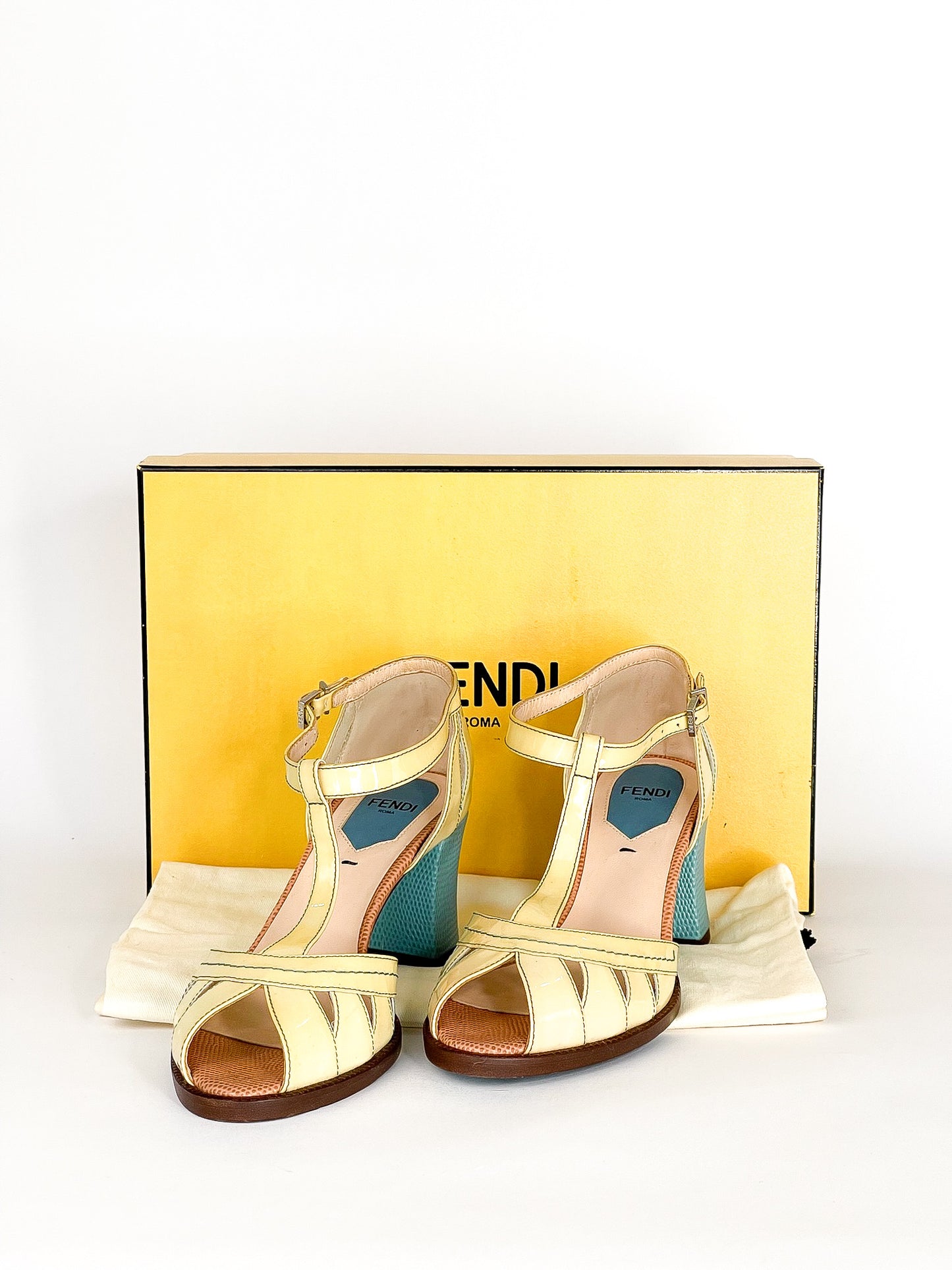 Fendi Cut-Out Patent Leather And Lizard Block Heel Peep Toe Sandals
Size 36