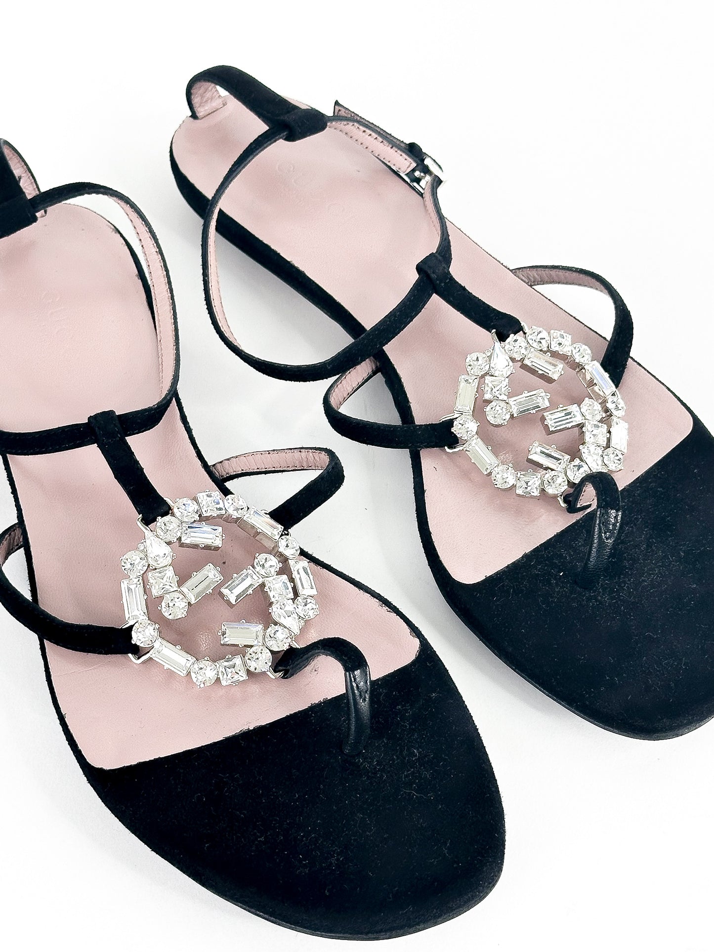 Gucci Black Suede GG Interlocking Crystal Embellished Flat Sandals Size 37