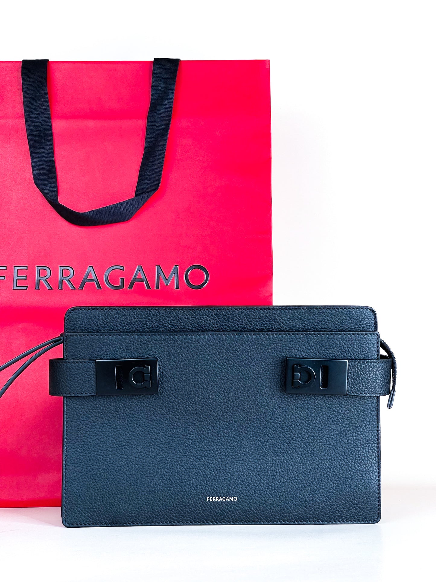 Ferragamo Pouch With Gancini Buckles Hammered Calfskin Black