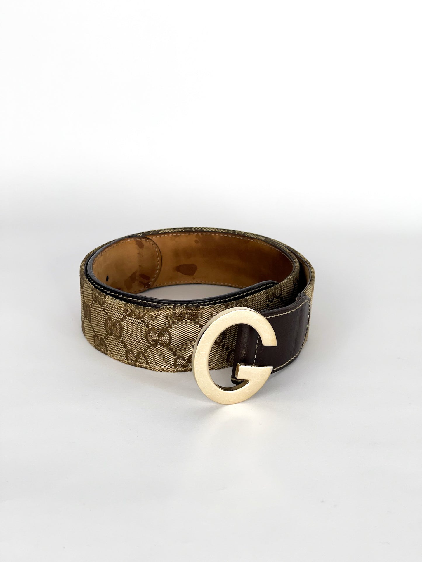 Gucci Beige/Brown GG Canvas and Leather G Buckle Belt