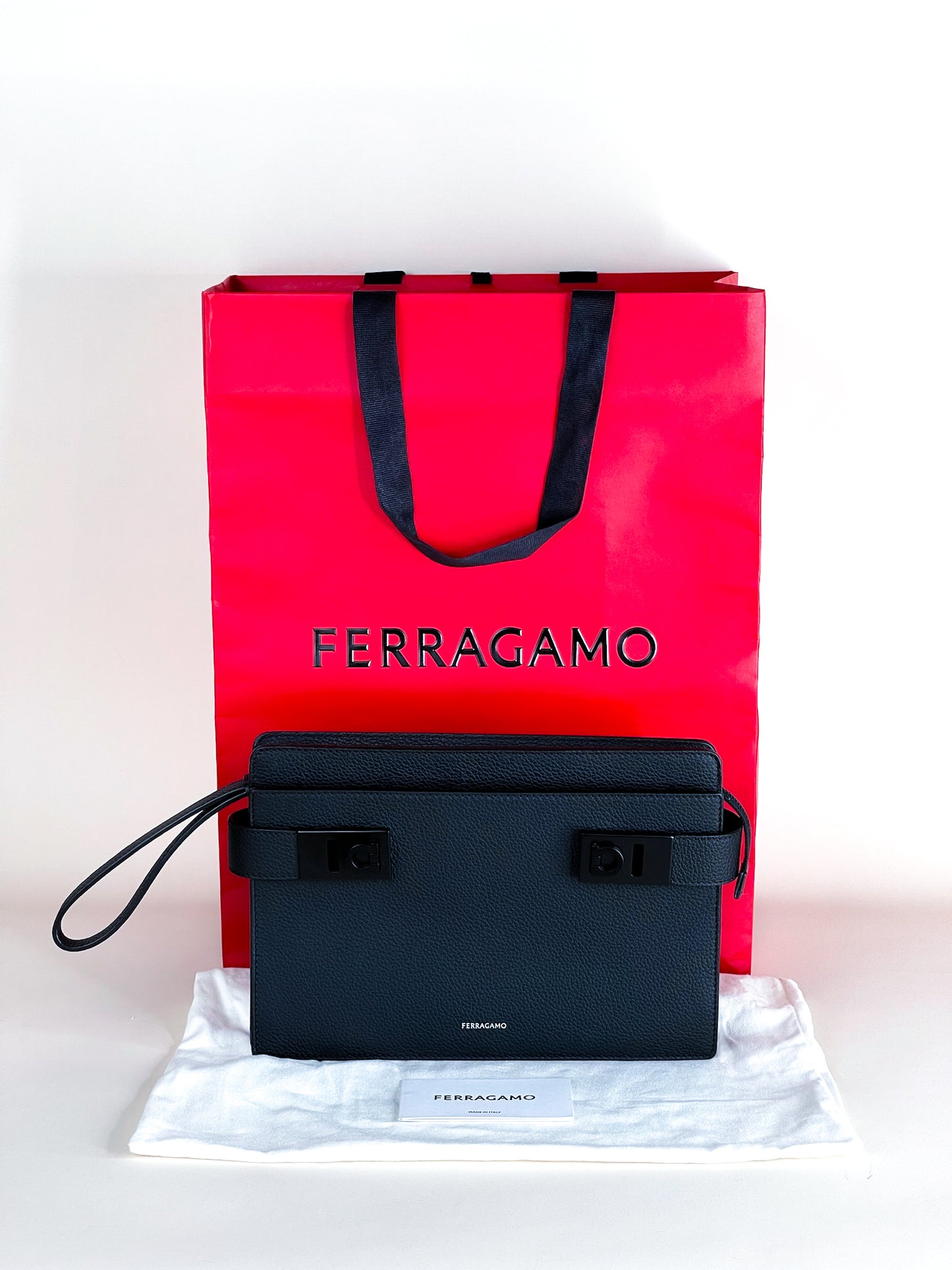 Ferragamo Pouch With Gancini Buckles Hammered Calfskin Black