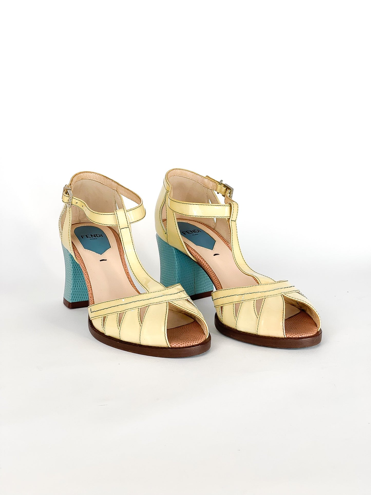 Fendi Cut-Out Patent Leather And Lizard Block Heel Peep Toe Sandals
Size 36