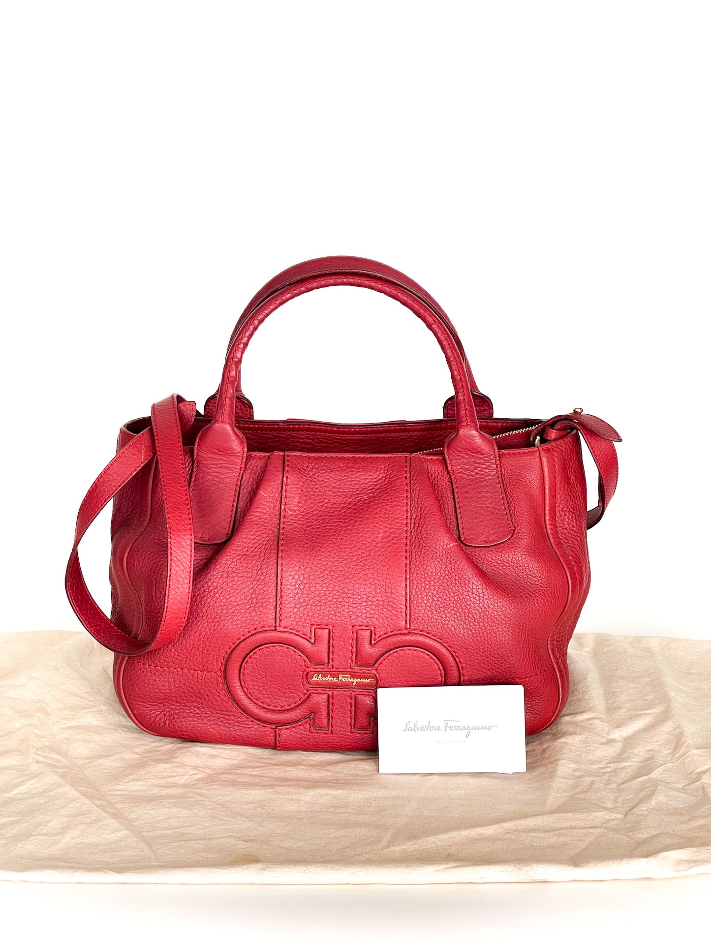 Salvatore Ferragamo Izzie Gancini Detail Grained Leather Top Handle Bag Red