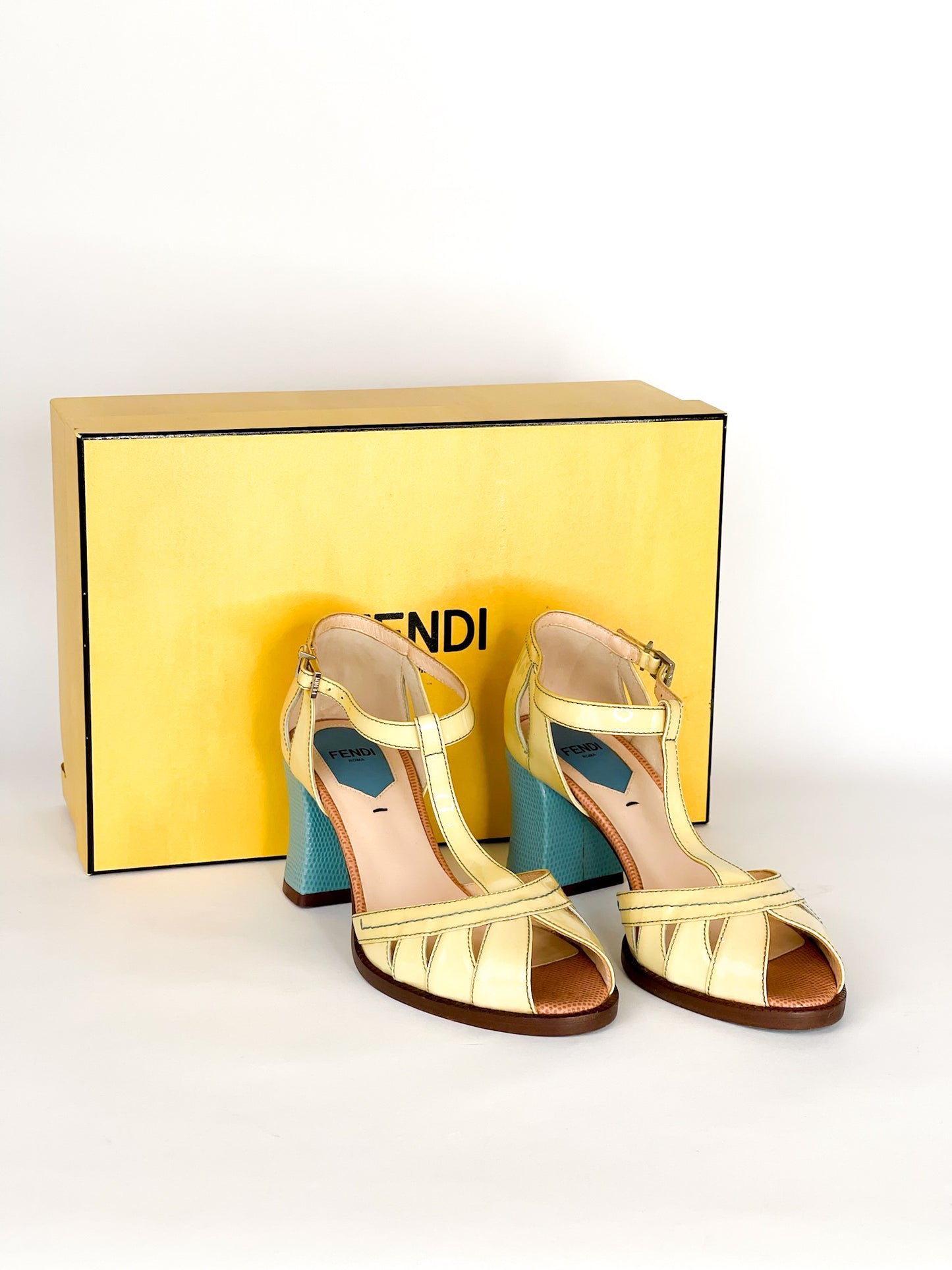 Fendi Cut-Out Patent Leather And Lizard Block Heel Peep Toe Sandals
Size 36