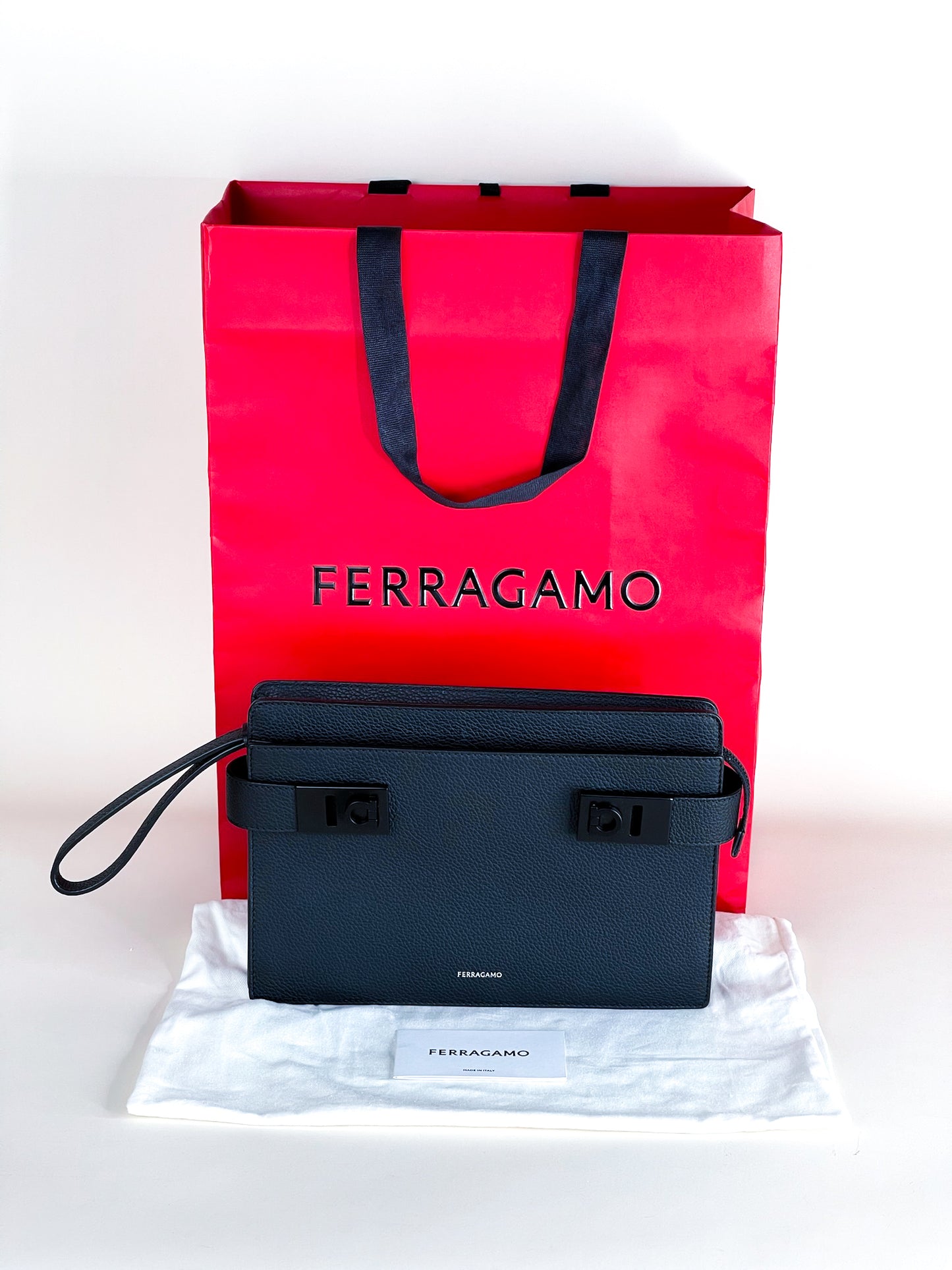 Ferragamo Pouch With Gancini Buckles Hammered Calfskin Black