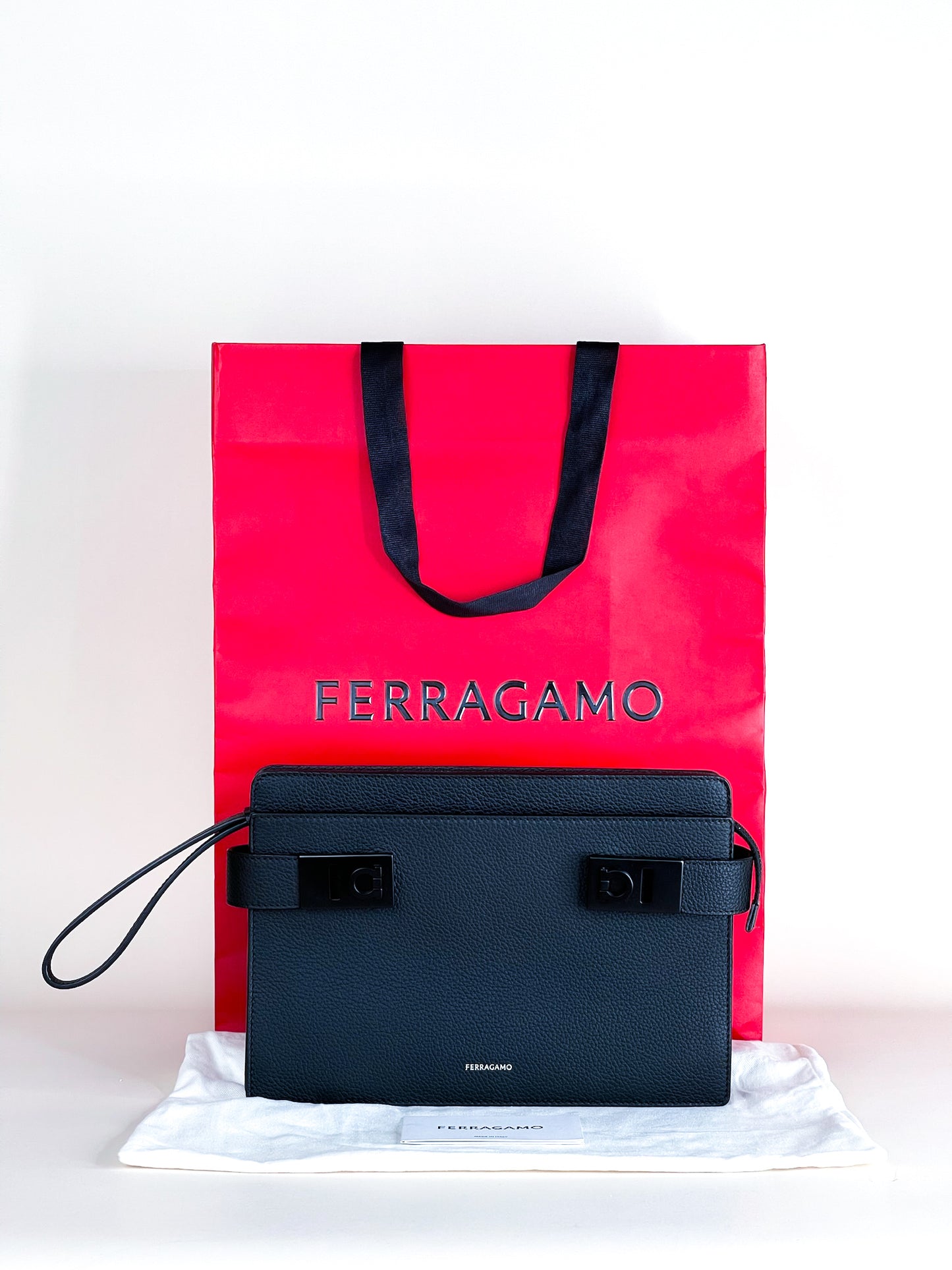 Ferragamo Pouch With Gancini Buckles Hammered Calfskin Black