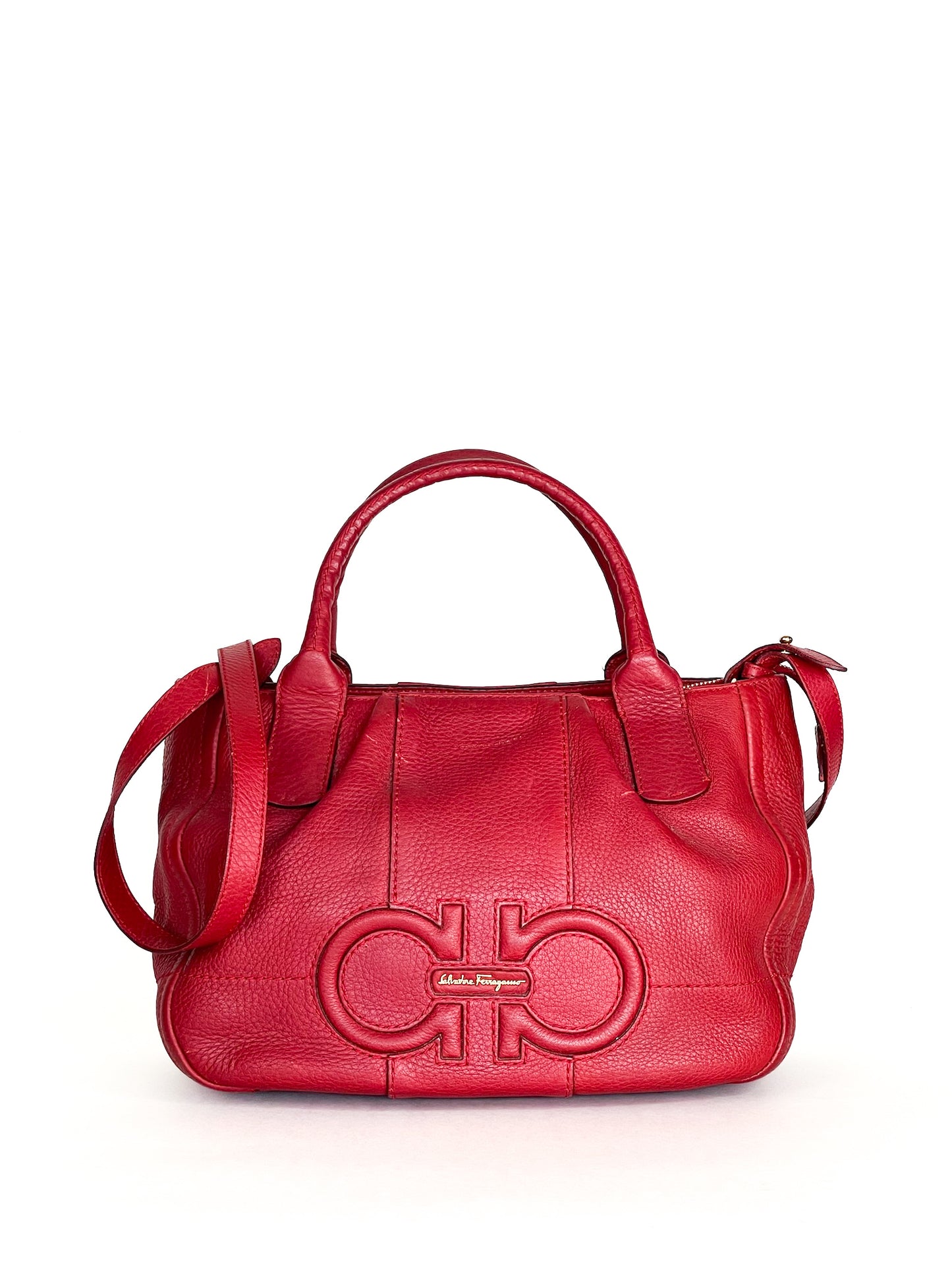 Salvatore Ferragamo Izzie Gancini Detail Grained Leather Top Handle Bag Red