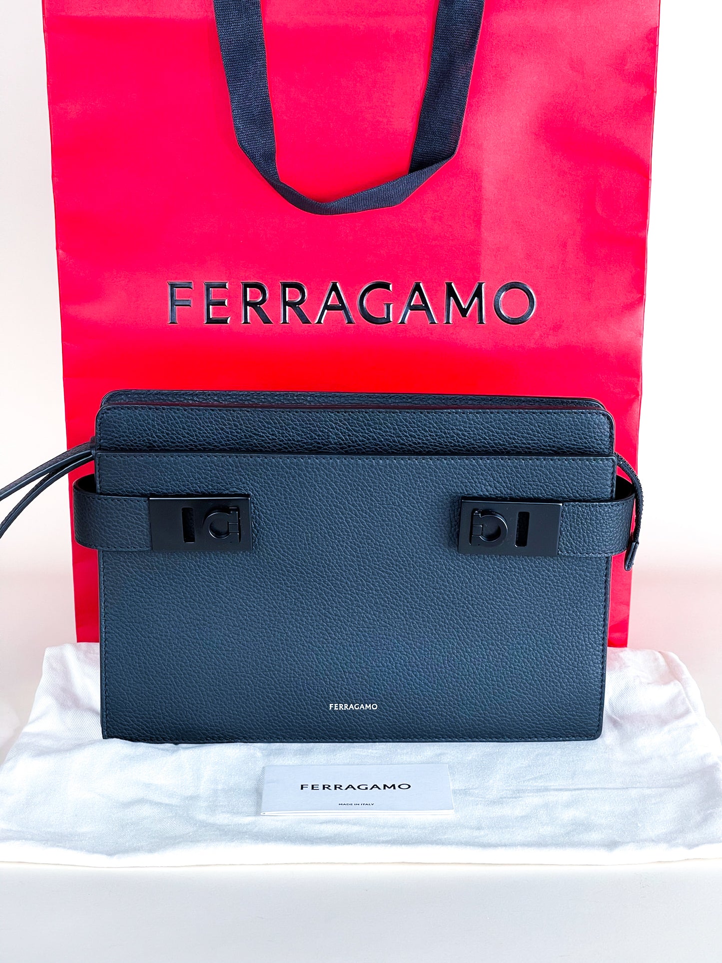 Ferragamo Pouch With Gancini Buckles Hammered Calfskin Black