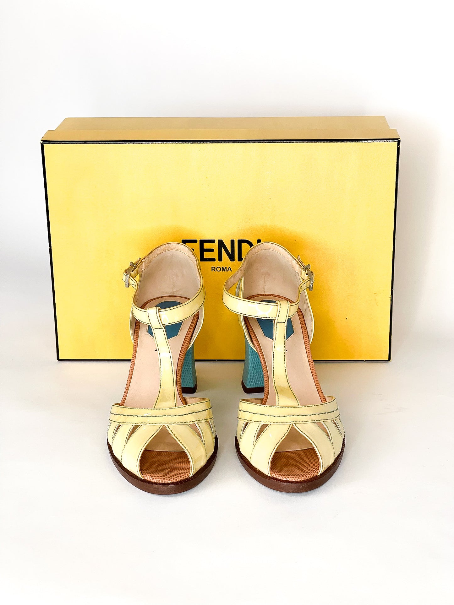 Fendi Cut-Out Patent Leather And Lizard Block Heel Peep Toe Sandals
Size 36