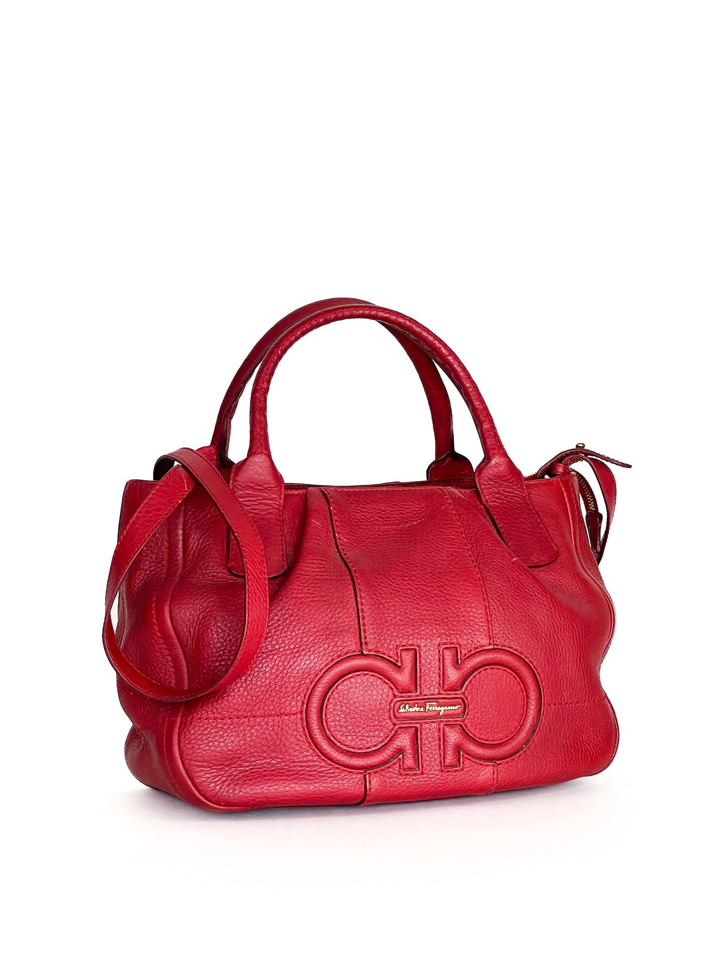 Salvatore Ferragamo Izzie Gancini Detail Grained Leather Top Handle Bag Red