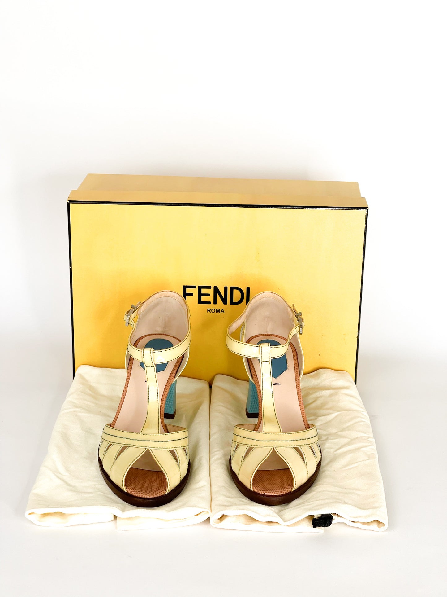 Fendi Cut-Out Patent Leather And Lizard Block Heel Peep Toe Sandals
Size 36