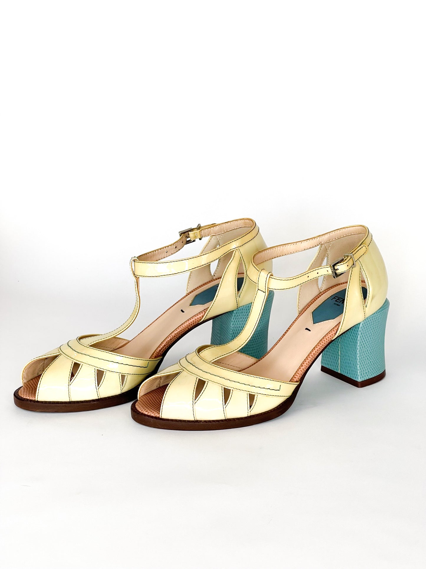 Fendi Cut-Out Patent Leather And Lizard Block Heel Peep Toe Sandals
Size 36