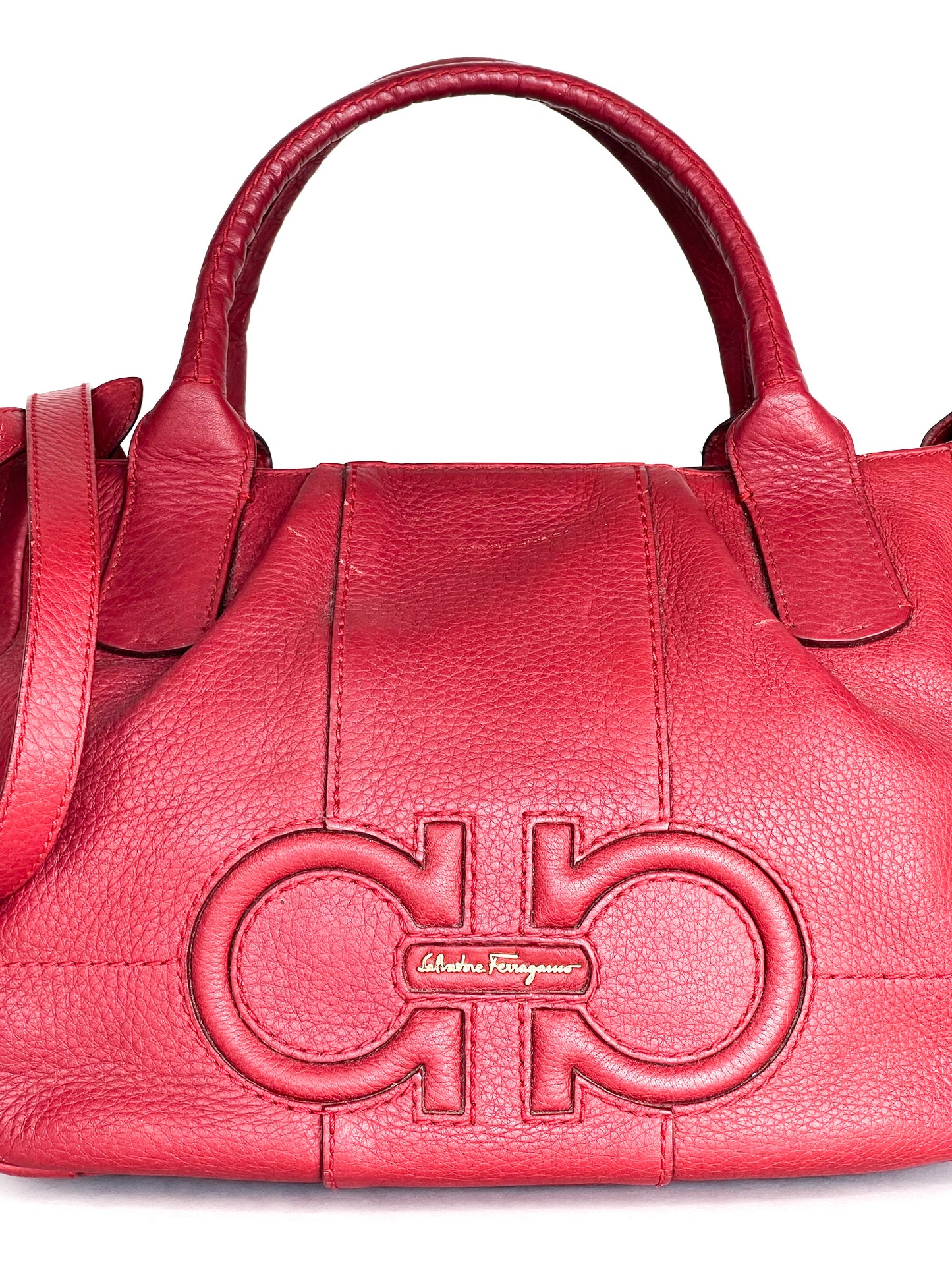 Salvatore Ferragamo Izzie Gancini Detail Grained Leather Top Handle Bag Red