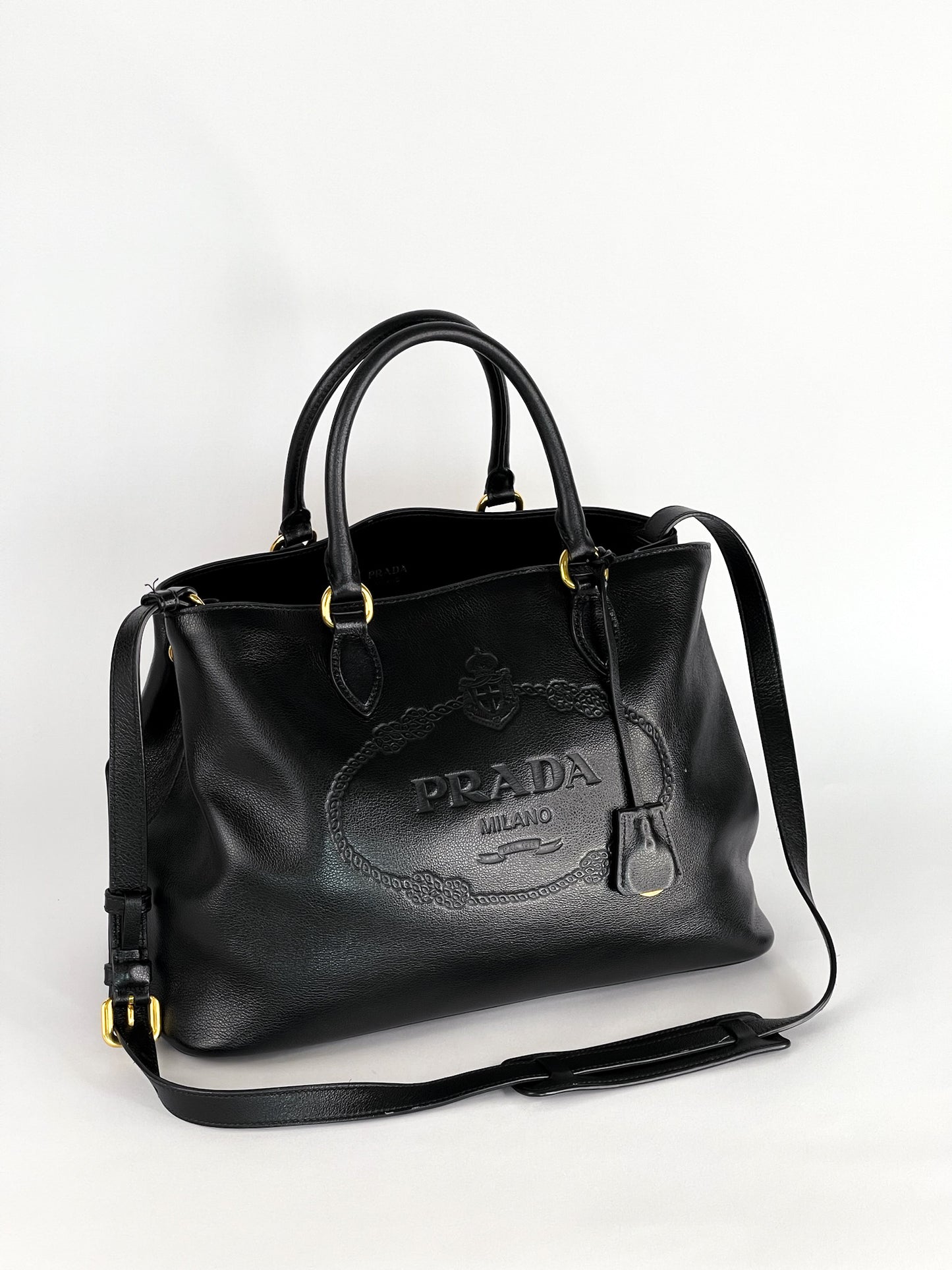 Prada Glace Calfskin Embossed Logo Tote Black