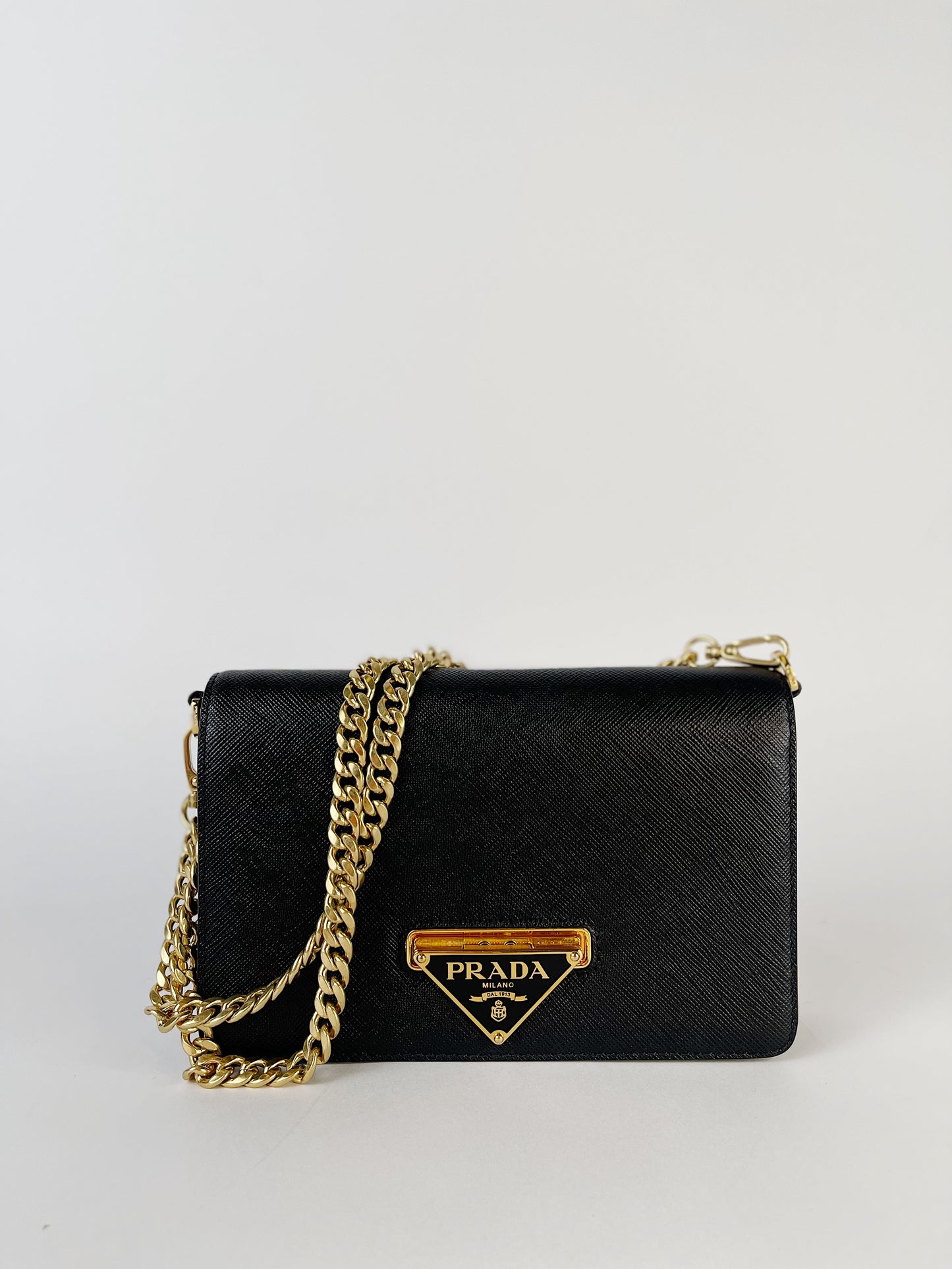 Prada Black Saffiano Flip Lock Wallet on Chain