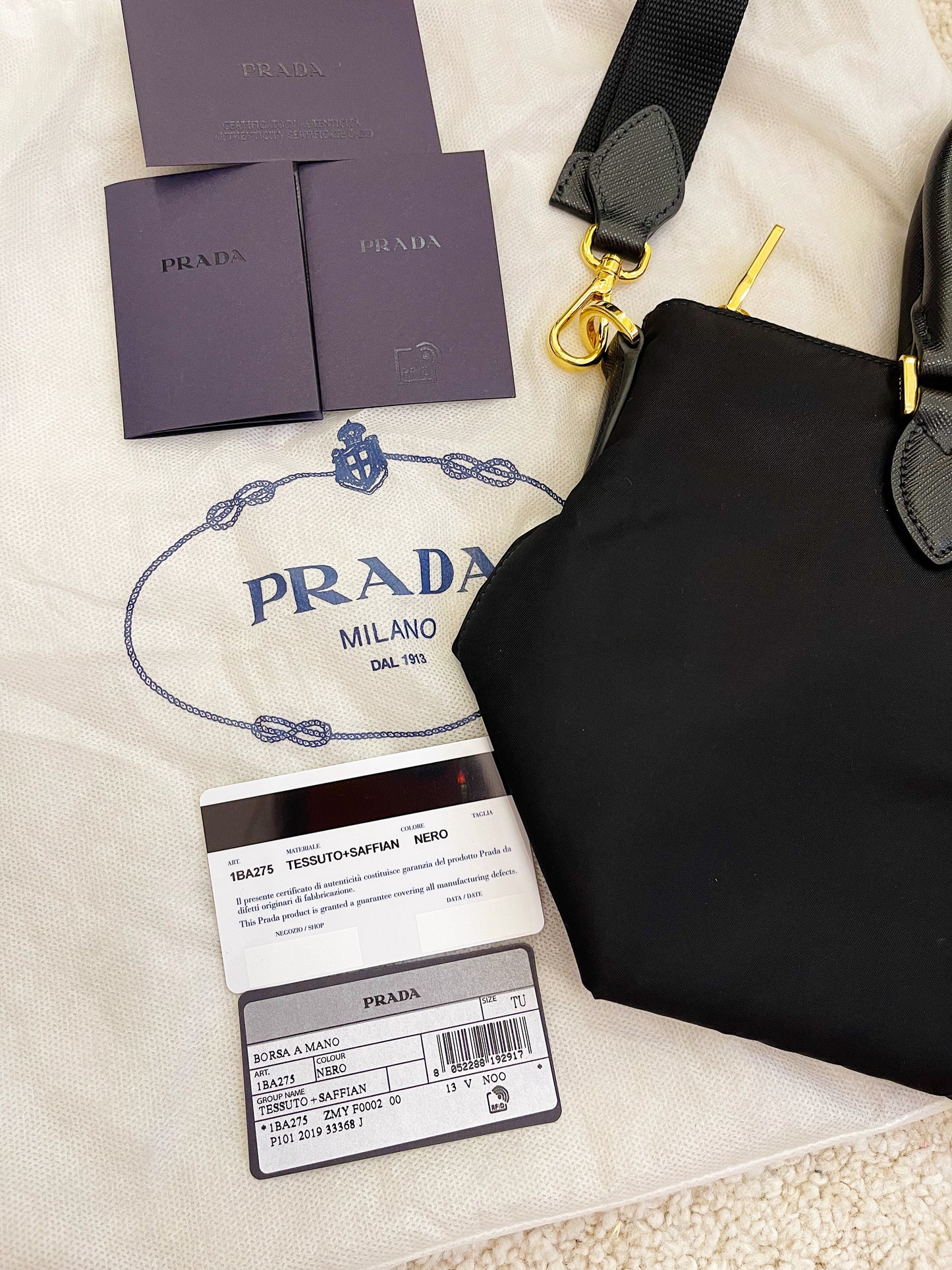 Prada Tessuto Nylon Saffiano Leather Trim Black Medium Satchel