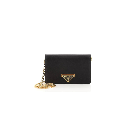 Prada Black Saffiano Flip Lock Wallet on Chain