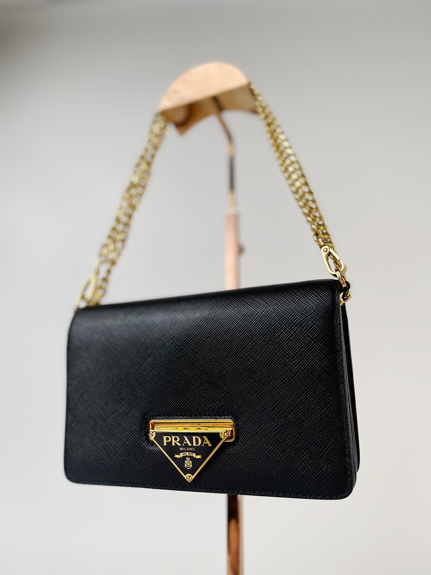 Prada Black Saffiano Flip Lock Wallet on Chain