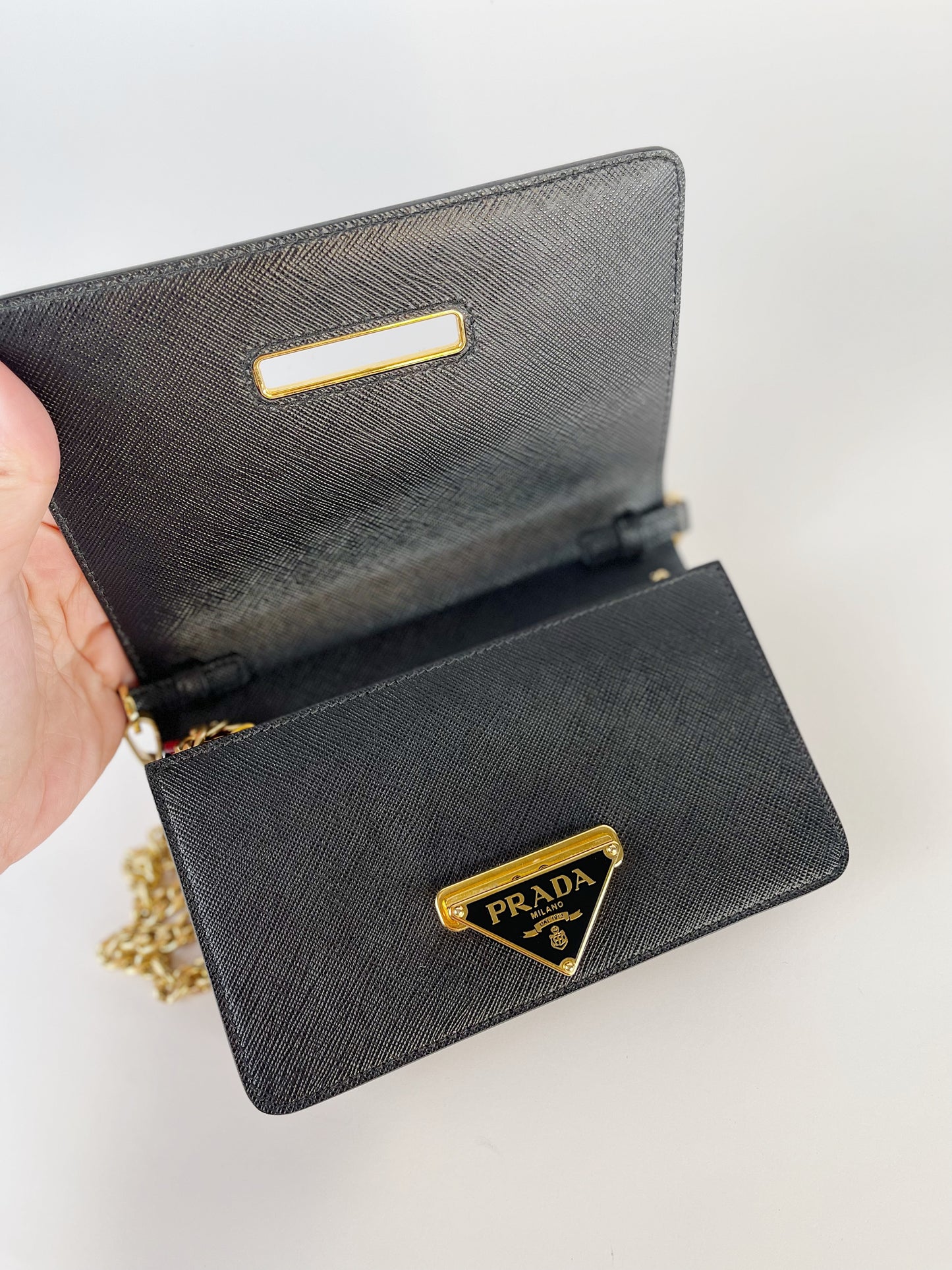 Prada Black Saffiano Flip Lock Wallet on Chain